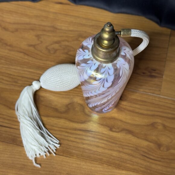 Vintage Pink Iridescent Art Glass Perfume Bottle Atomizer White Swirl 6.25” Tall - Picture 8 of 14